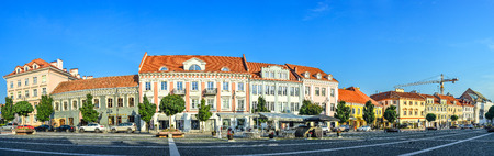 Vilnius, Lithuania - August 13, 2017: Beautiful cityscape of Vilnius old town and bright blue sky, Lithuania. Vilnius city panorama. Street panorama near Vilnius city hall.のeditorial素材