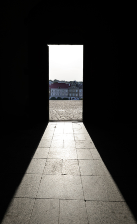 Lublin, Poland - August 11, 2017: View from the door of The Royal Castle of Lublin, Poland and bright blue sky. Lublin is the biggest city in eastern Poland. Lublin old city center.のeditorial素材