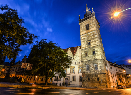 Prague, Czech Republic - October 9, 2017: Night view on Ancient New Town Hall Tower, Prague, Czech Republicのeditorial素材
