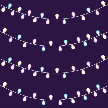 Set of overlapping, glowing string lights. Christmas glowing lights. Garlands, Christmas decorations. Glowing lights for Party, Holiday, New Year, birthday or greeting card design. Template mock upのイラスト素材