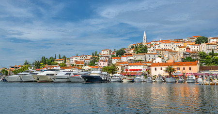 Vrsar, Croatia - May 22, 2018: Coastal town of Rovinj, Istria, Croatia. Rovinj - beautiful antique city, yachts and Adriatic Sea.のeditorial素材