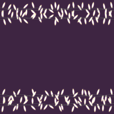 Party lights. Bright hanging garlands with glowing lights isolated on purple background. Seamless vector design element for Holiday cards, valentine's day, Christmas, New Year, birthday.のイラスト素材