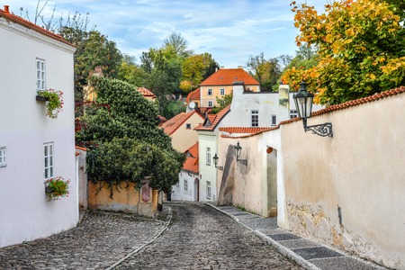 Prague, Czech Republic - October 10, 2017: Old buildings and paved road in Prague city center, Czech Republicのeditorial素材