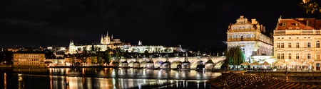 Prague, Czech Republic - October 7, 2017: Beautiful night panorama of Charles Bridge, Vltava river and Saint Vitus Cathedral, Prague, Czech Republic. Charles Bridge and Vltava river with night lights.のeditorial素材