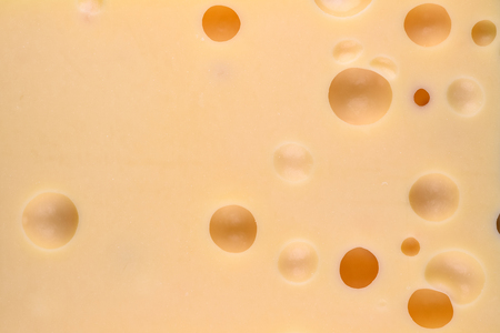 Close up texture of yellow cheese. Cheese with big holes. Food background.の写真素材