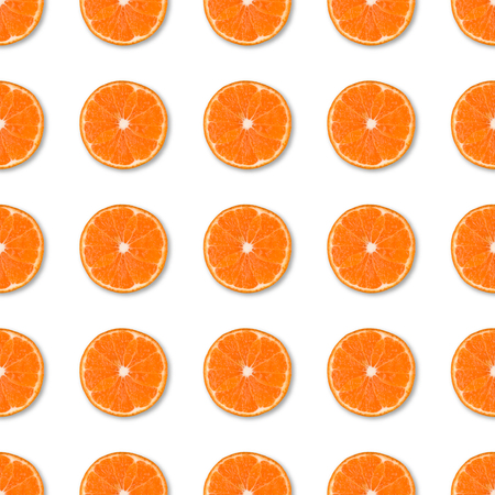 Fresh orange tangerine slices seamless pattern. Close up of citrus fruit background. Studio...