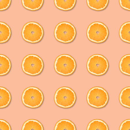 Fresh orange slices seamless pattern. Close up of citrus fruit on orange background. Studio...