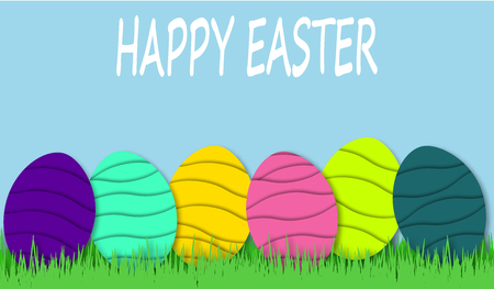 Happy Easter background with colorful eggs in bright green grass. Festive decoration. 3D vector, paper cut styleのイラスト素材