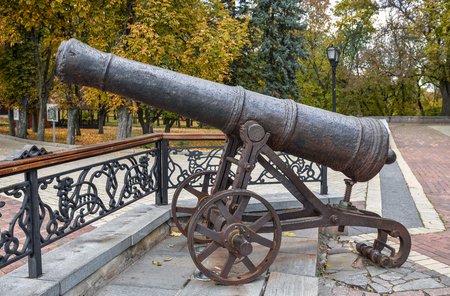 Chernihiv, Ukraine - October 19, 2016: View on Old cast-iron cannon in Chernihiv park, Ukraineのeditorial素材