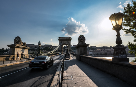 Budapest, Hungary - May 26, 2018: View on The Szechenyi Chain Bridge - a suspension bridge that spans the River Danube between Buda and Pest in Budapest, the capital of Hungary.のeditorial素材