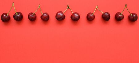 Big sweet cherry on a bright coral background. Sweet cherries close up. Summer flat lay berry background. Top view cherry pattern.の写真素材