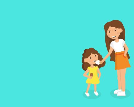 Kids eating ice cream. Two girls in modern clothes eat ice cream. Older sister treats younger ice cream. Free spaceのイラスト素材