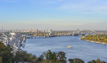 Kiev, Ukraine - October 10, 2019: Evening View on beautiful old Kyiv city - the capital of Ukraine and the Dnieper River Embankmentのeditorial素材