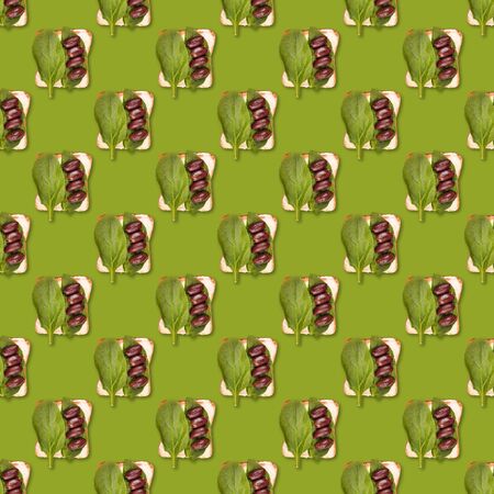 Sandwich or toast with toppings seamless pattern. Flat lay, top view. Pop art design, creative food...