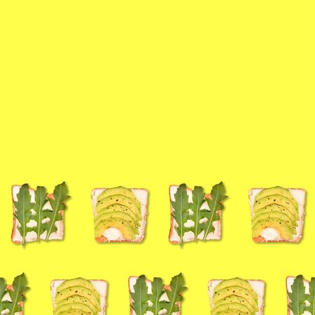 Sandwich or toast with toppings pattern. Flat lay, top view. Pop art design, creative food concept with copy space.の写真素材