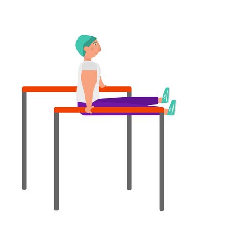Bodyweight concept. Strong young fit man in modern sport outfit is doing bench dips and press on horizontal bar. Outdoor or gym sports concept.のイラスト素材