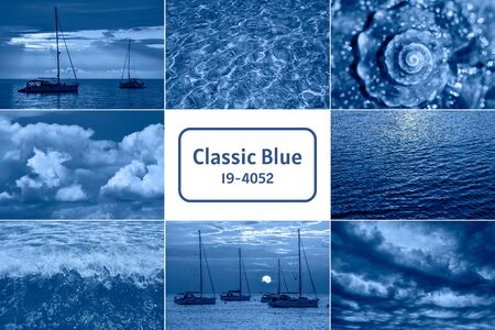 Sea related collage with storm waves, shell and yachts. Trendy Banner toned with color of the year 2020 - classic blueの写真素材