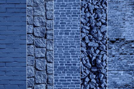 Collage toned in classic blue stone road pavement backgrounds. Pavement of granite. Blue cobblestone...