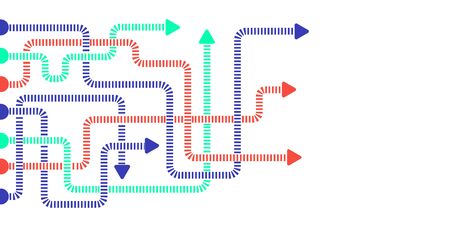 Direction concept. Abstract blue and red arrows minimal flat design. Template or long banner. Vector illustration isolated on white background.のイラスト素材