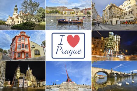 Prague, Czech Republic - December 12, 2019: Collage of landmarks of Prague, Czech Republic. I love Prague.のeditorial素材