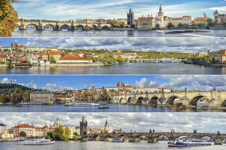 Prague, Czech Republic - December 12, 2019: Collage of landmarks of Prague, Czech Republic. Long panorama banner with charles bridge.のeditorial素材