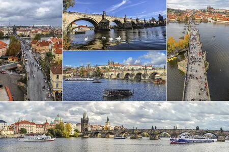 Prague, Czech Republic - December 12, 2019: Collage of landmarks of Prague, Czech Republic. Panoramic banner with charles bridge and Vltava river.のeditorial素材