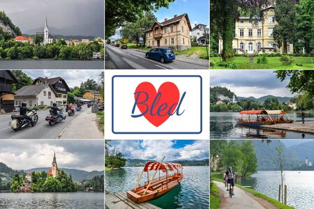 Bled, Slovenia - December 22, 2019: Collage of landmarks of Bled lake and town, Sloveniaのeditorial素材