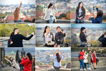 Prague, Czech Republic - December 13, 2019: Collage of landmarks of Prague and beautiful tourists making selfie, Czech Republicのeditorial素材