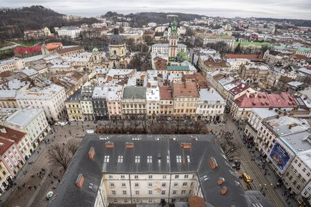 Lviv, Ukraine -10 January, 2020: Aerial view from the city hall of the Lviv city to the whole city and the market square.のeditorial素材