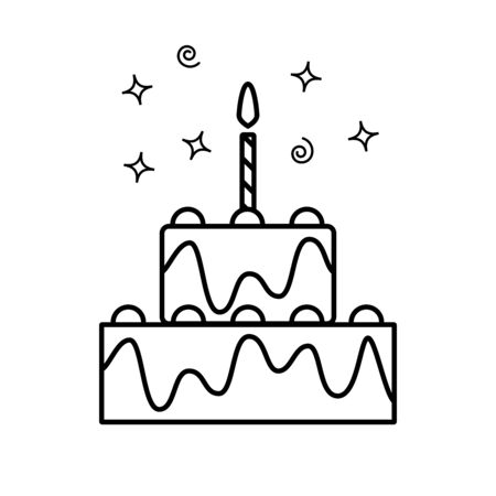 Simple outline vector icon of two-level birthday cake with one candle. Cake icon in trendy outline...