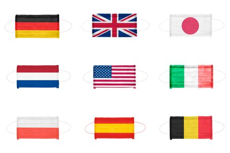 Set of PP non-woven disposable medical face masks isolated on white background. Medical mask toned in different countries flag colors, USA, Germany and Japanの写真素材