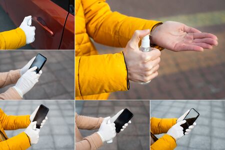 Woman disinfect, hands, mobile phone and red car door handle with a hand sanitizer. Coronavirus...