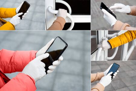 Woman disinfect, hands, mobile phone and red car door handle with a hand sanitizer. Coronavirus pandemic spreading precautions measures collage concept.の写真素材