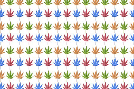Colorful leaves of hemp or cannabis seamless pattern on blue background. Fall backgroundの写真素材