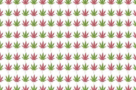 Green and pink leaves of hemp or cannabis seamless pattern on blue background. Fall backgroundの写真素材