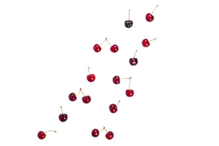 Set of rape red cherry isolated on white background. Summer berry horizontal banner. Cherries...