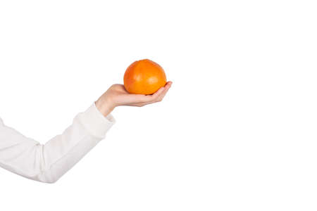 Female hand hold orange fruit isolated on white. Banner with copy space. Orange in hand.