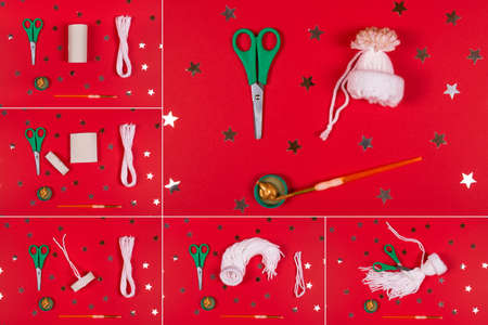 Step by step instruction for New Year or Christmas DIY concept. Make a cute hat for Christmas tree decoration. Step 1-5の写真素材