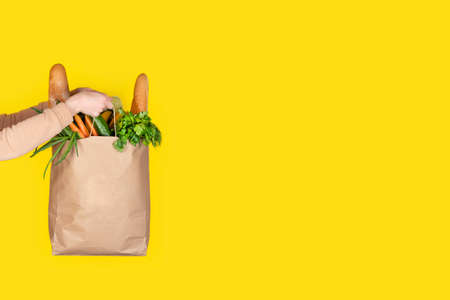 Shopping, Food delivery or donation concept. Grocery store shopping. Woman holds eco paper bag...