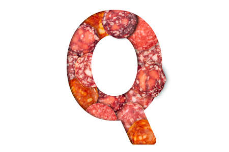 Sausage alphabet isolated on white background. Latin Food alphabet. Sausage letter Q.の写真素材