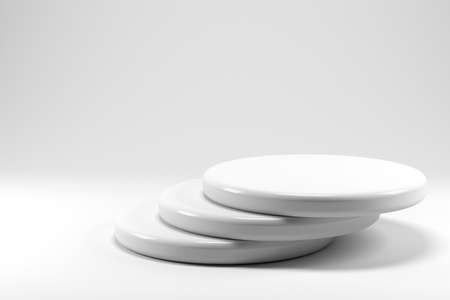 Shiny and glossy white round pedestal podium isolated on white background. 3D render. Abstract high quality pedestal. Podium can be add on banners, flyers, social media adsの写真素材