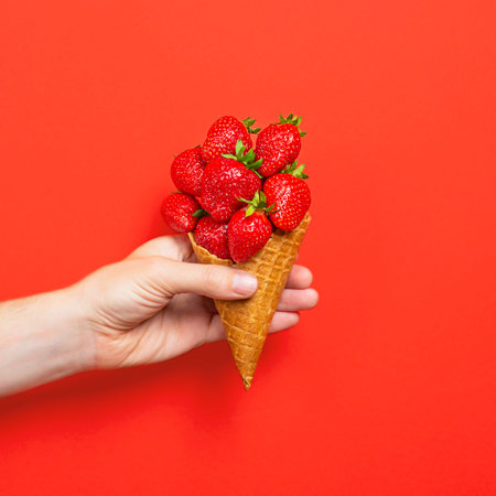 Ice cream cone filled with ripe strawberries isolated on red background. Hand holding Waffle cone with ripe strawberries. Summer Banner.の写真素材