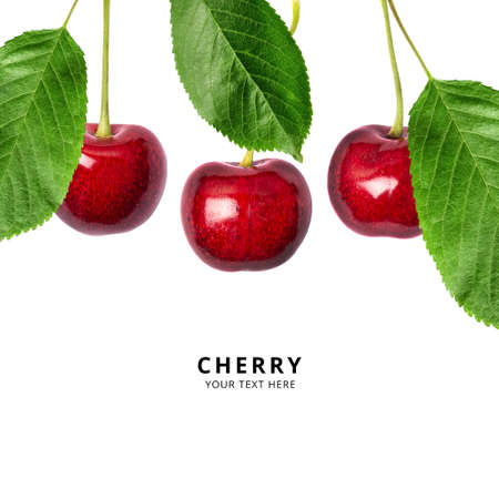 Ripe red sweet cherry isolated on white background. Macro photo close up. Three cherries with green...