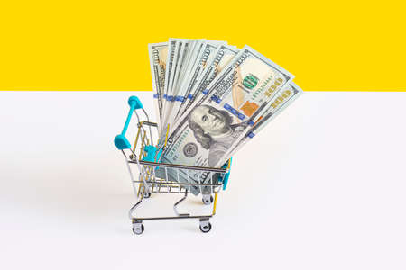 Toy supermarket cart or shopping trolley full of money isolated on yellow and white background. Money loan or sale concept. Banner with copy space.の写真素材