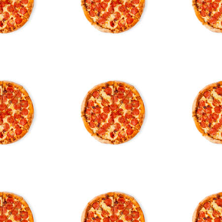 Seamless pizza pattern isolated on white background. Top view on paperoni pizza food backgroundの写真素材