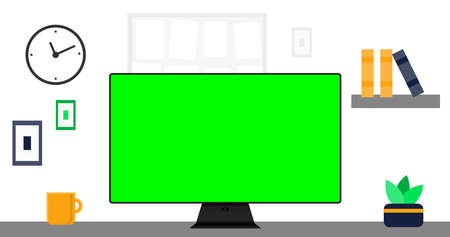 Modern interior of Workplace room , office or cabinet. Office with computer and green screen. Colorful vector illustration in flat style. Mock upのイラスト素材