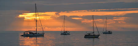 Beautiful evening Adriatic sea, yachts and full moon, Croatia. Night seascape. Long banner.