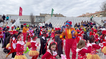 Estarreja, Portugal - 12.02.2023: Traditional winter annual Estarreja Children carnival, Portugal. Costume music dance children festivalのeditorial素材
