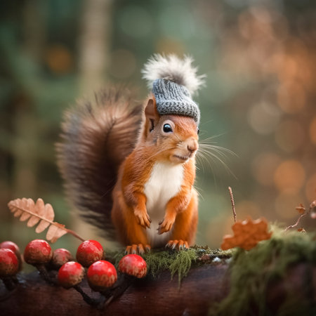Red-haired squirrel in a Pompom knitted hat in autumn forest. Squirrel in the gray hat in fall forest with blurred background.の素材