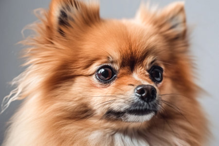 Close up portrait of a royal spitz. Portrait of a beautiful fluffy red purebred dog. Pomeranian spitz close upの素材